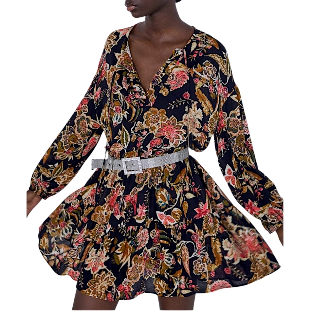 Zara Black Floral Ruffle Shift Dresssize Medium
